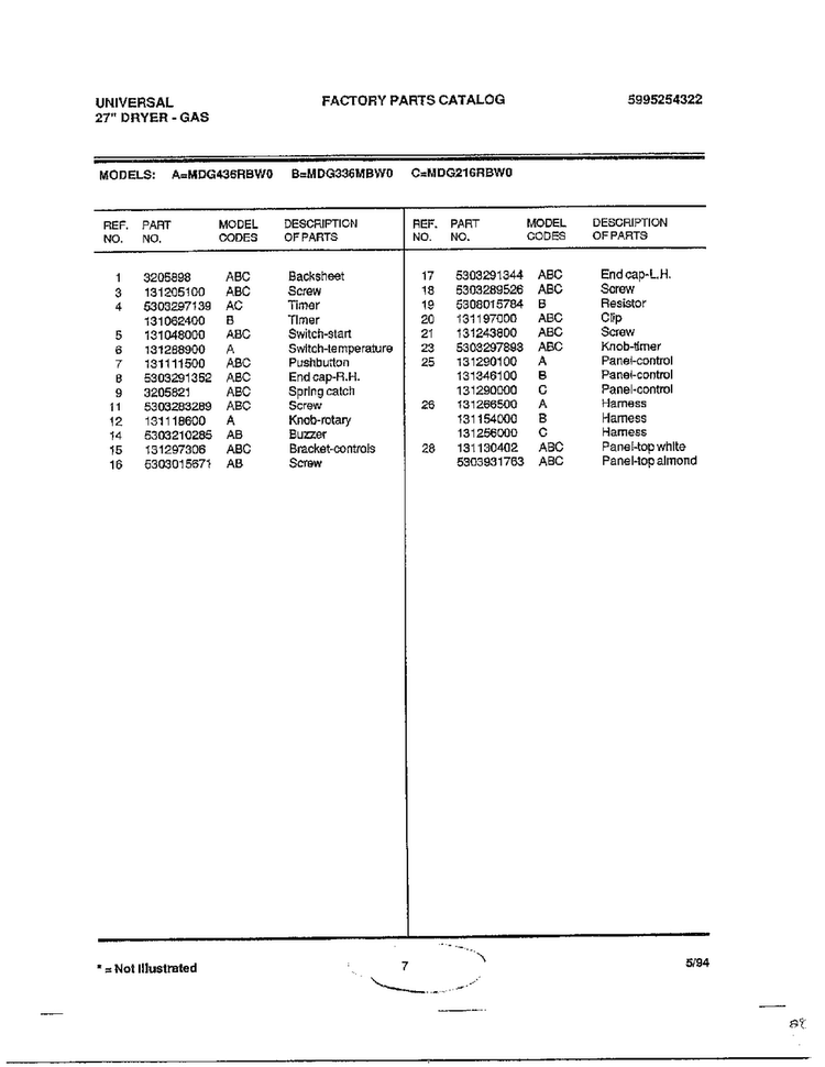 27" Dryer-gas Page 6 Diagram and Parts List for MGD436RBW0  Frigidaire Dryer