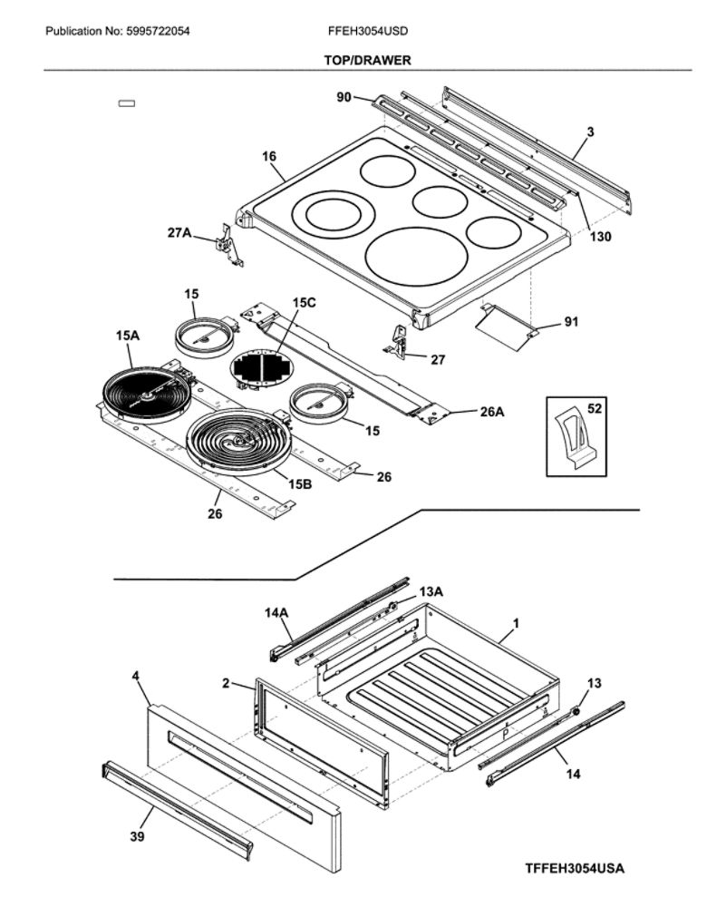 Top/Drawer Diagram and Parts List for FFEH3054USD  Frigidaire Range