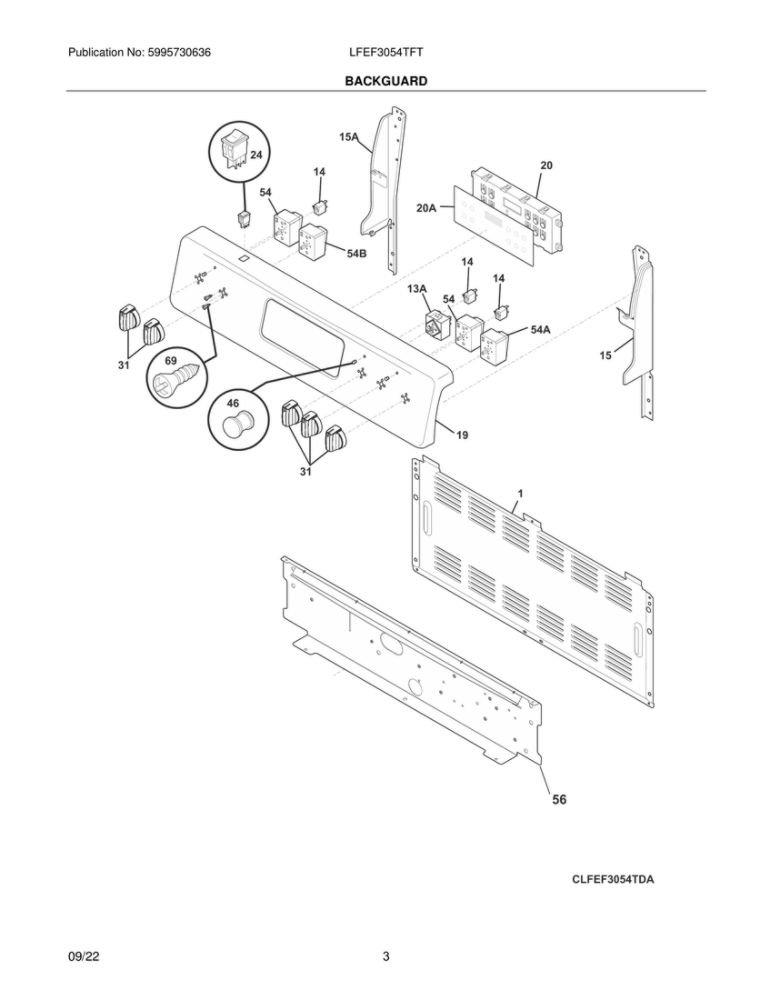 Backguard Diagram and Parts List for LFEF3054TFT  Frigidaire Range