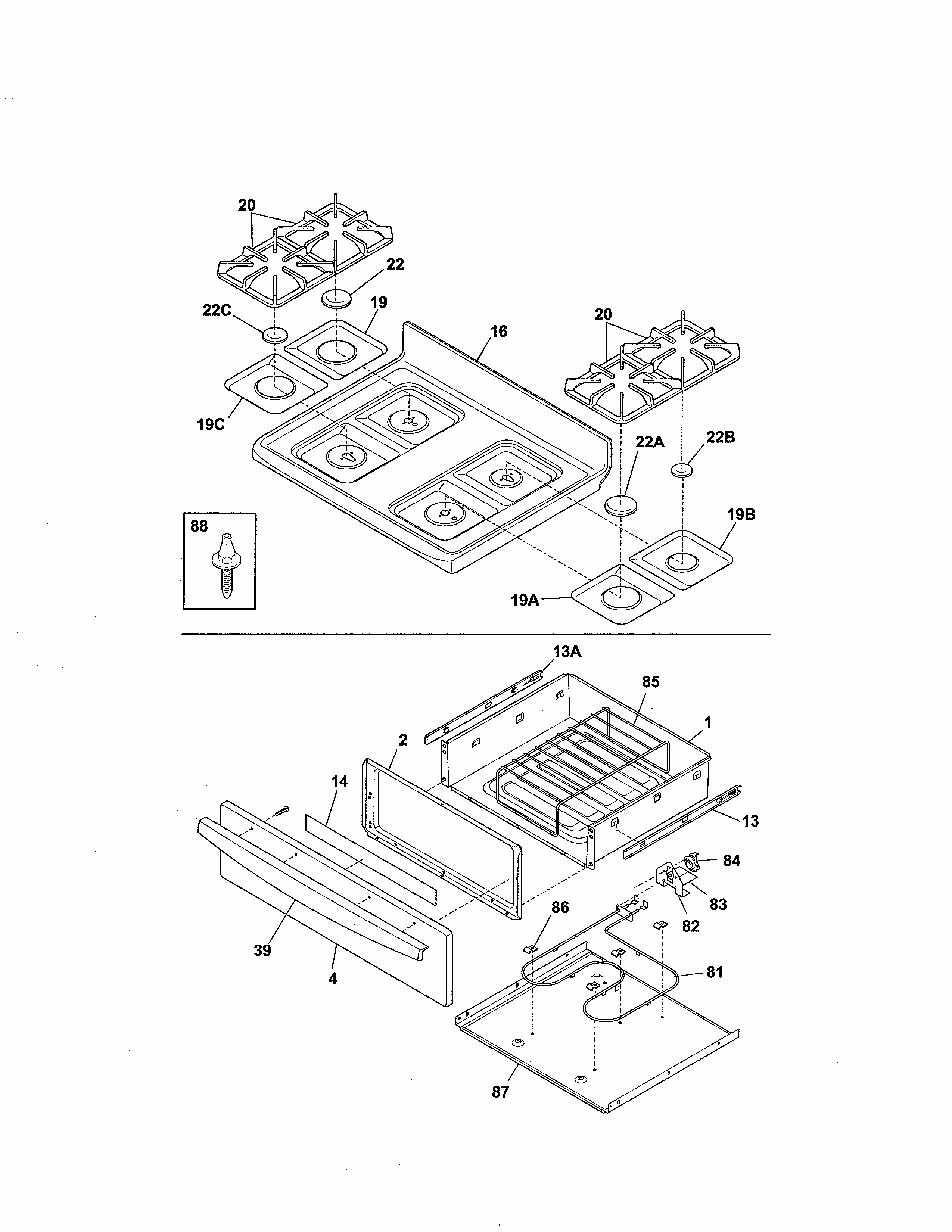 Top/drawer Diagram and Parts List for 79075924300  Kenmore Range