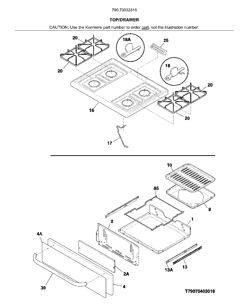 Top/drawer Diagram and Parts List for 79073033316  Kenmore Range