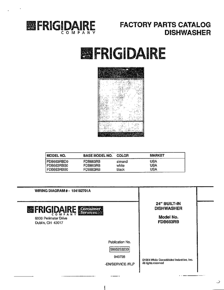 Dishwasher/ Front Cover Diagram and Parts List for 766  Frigidaire Dishwasher