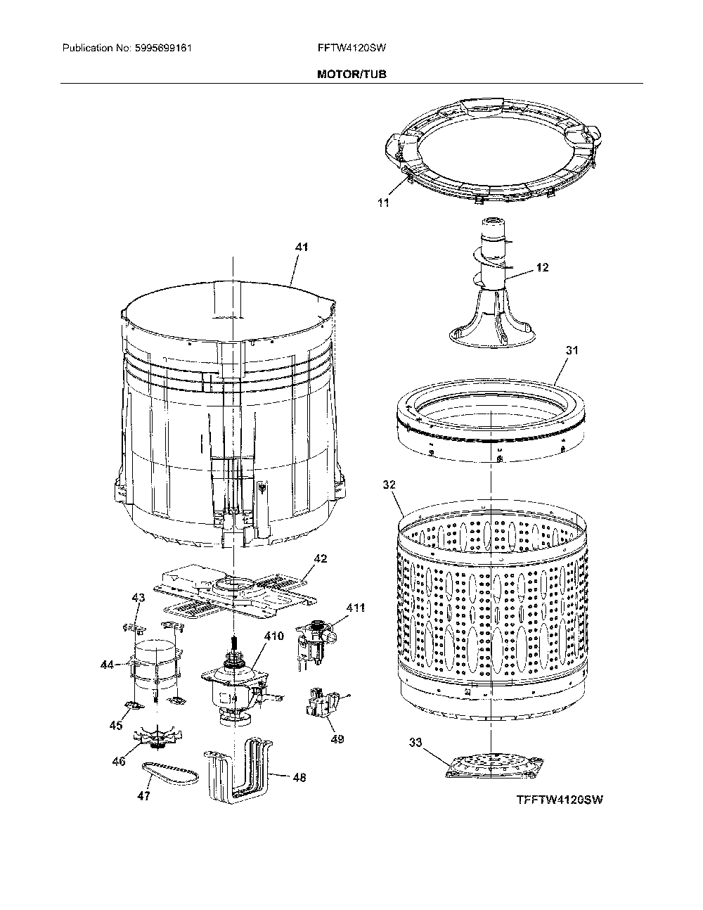 Motor/tub Diagram and Parts List for FFTW4120SW0  Frigidaire Washer