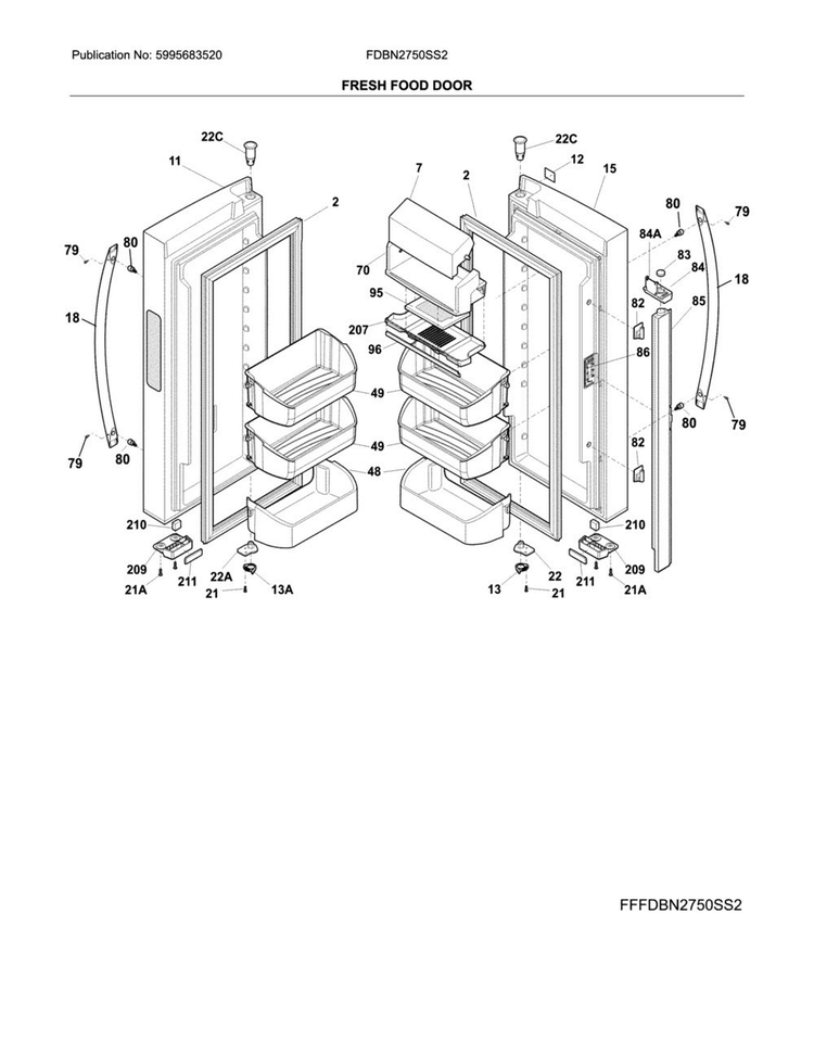 Fresh Food Door Diagram and Parts List for FDBN2750SS2  Frigidaire Refrigerator