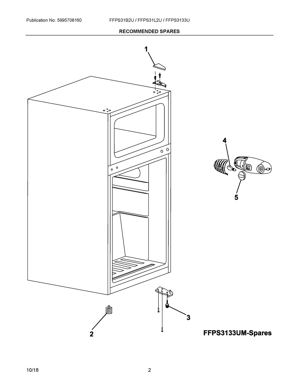 Recommended Spares Diagram and Parts List for FFPS31L2UV  Frigidaire Refrigerator