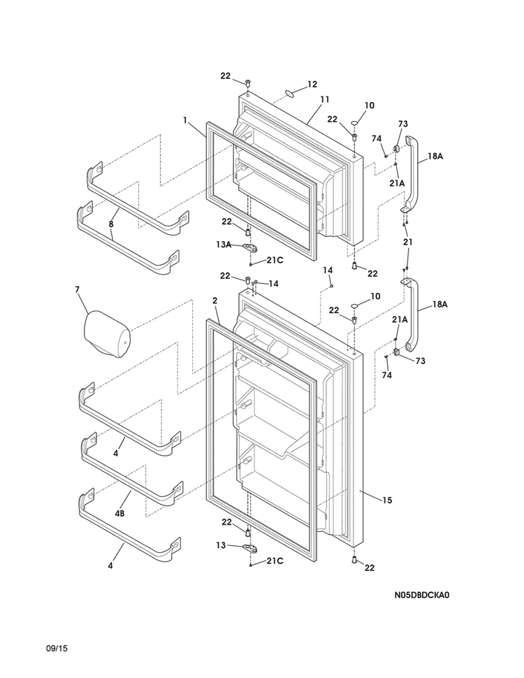 Doors Diagram and Parts List for FFTR1614RW0  Frigidaire Refrigerator