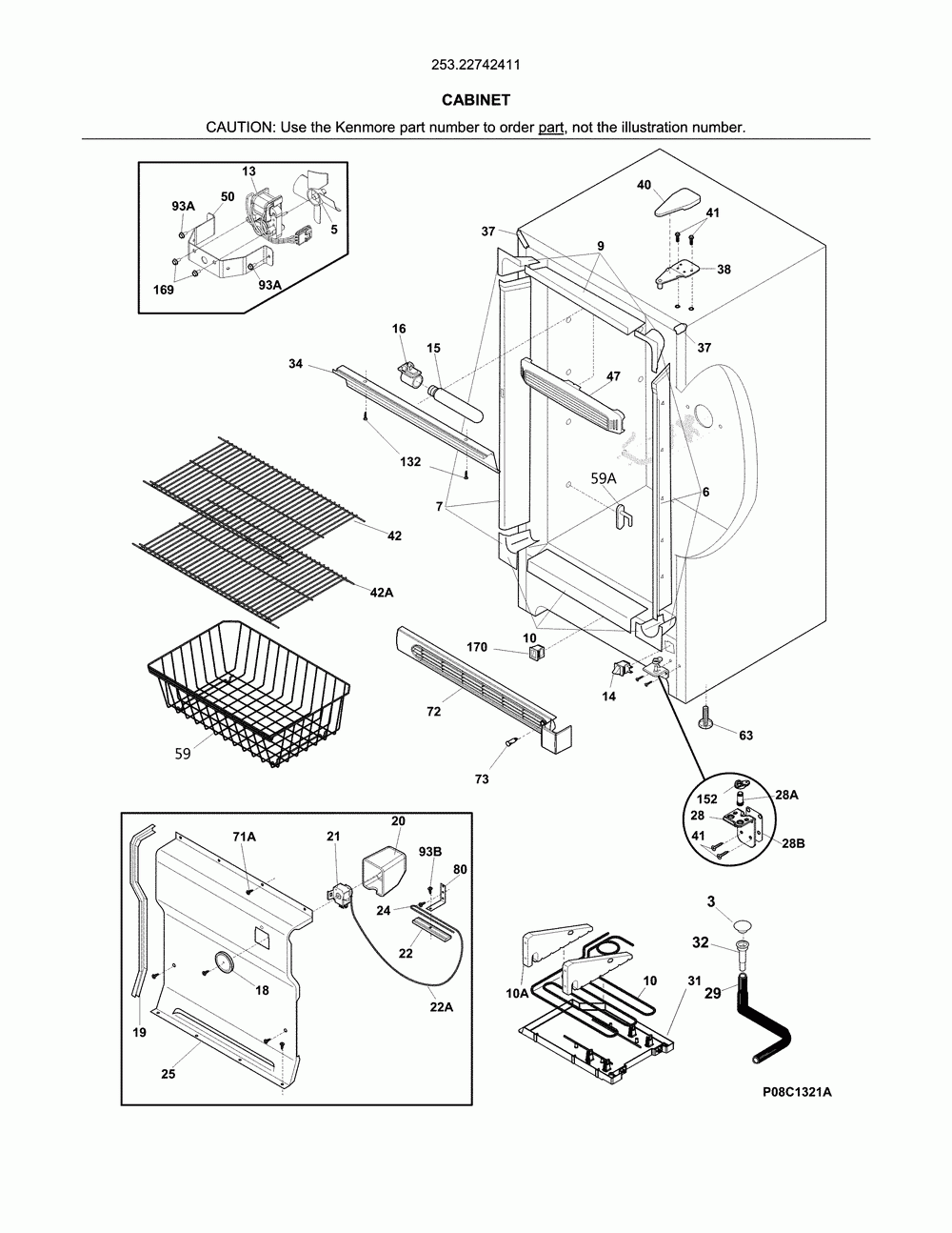 Cabinet Diagram and Parts List for 25322742411  Kenmore Freezer