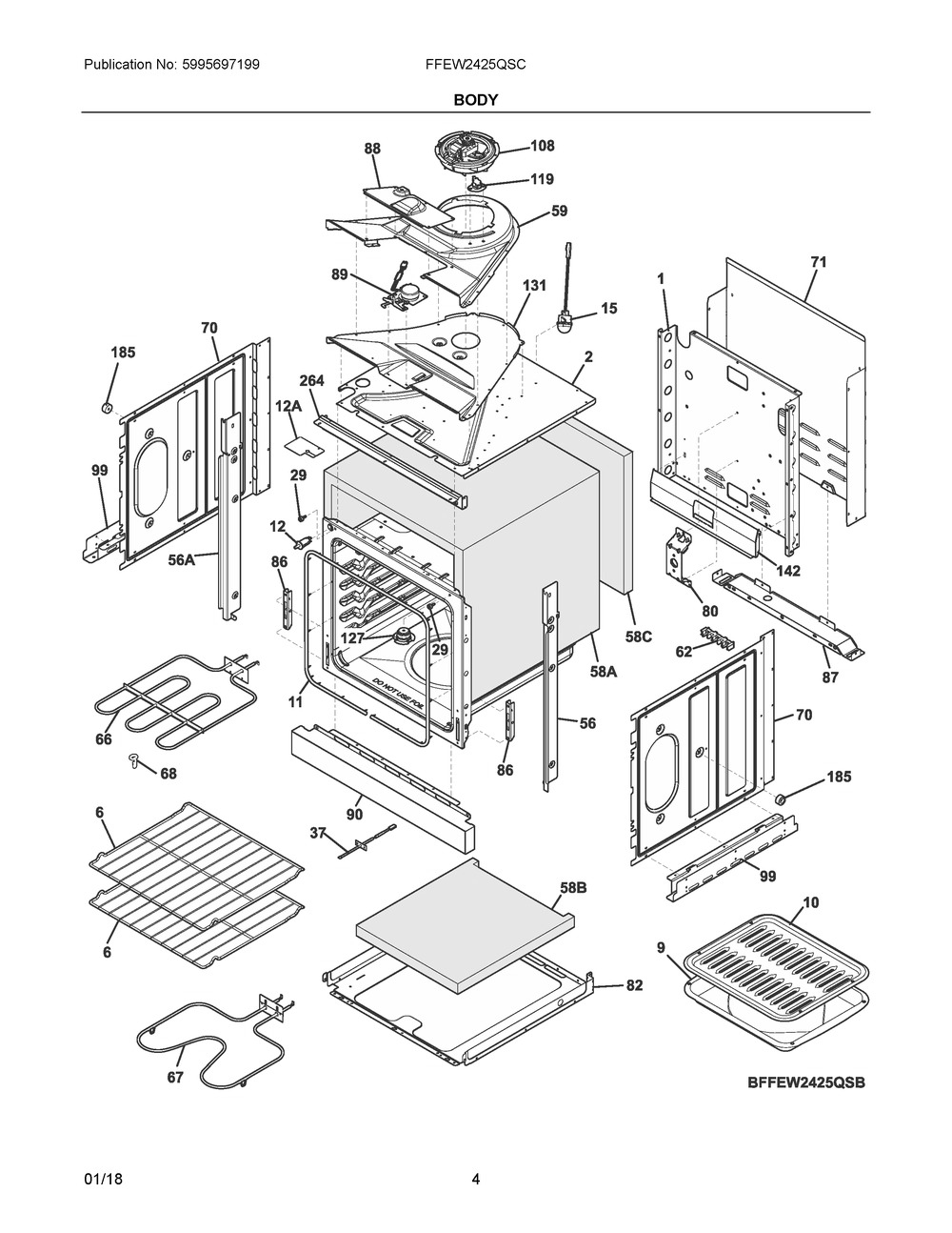 Body Diagram and Parts List for FFEW2425QSC  Frigidaire Wall Oven
