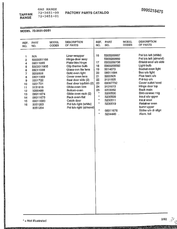 Gas Range Page 13 Diagram and Parts List for 72-3651-00  Tappan Range