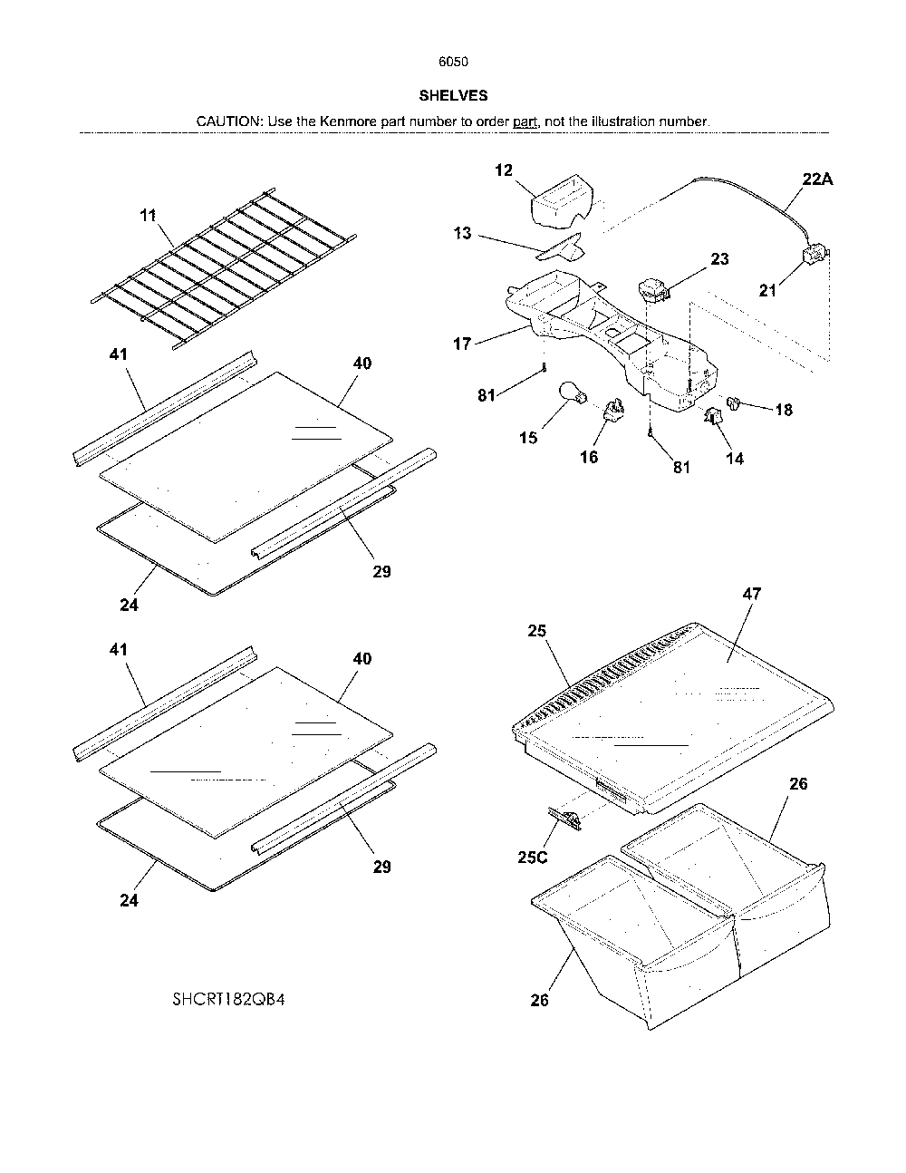 Shelves Diagram and Parts List for 25360504616  Kenmore Refrigerator