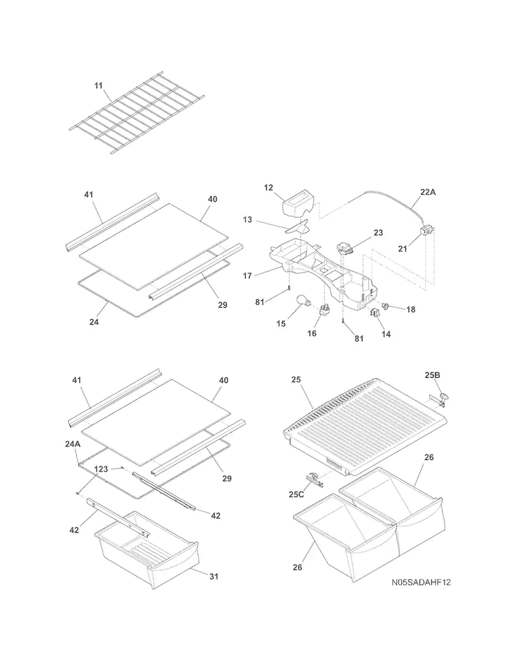 Shelves Diagram and Parts List for FFTR1715LWZ  Frigidaire Refrigerator