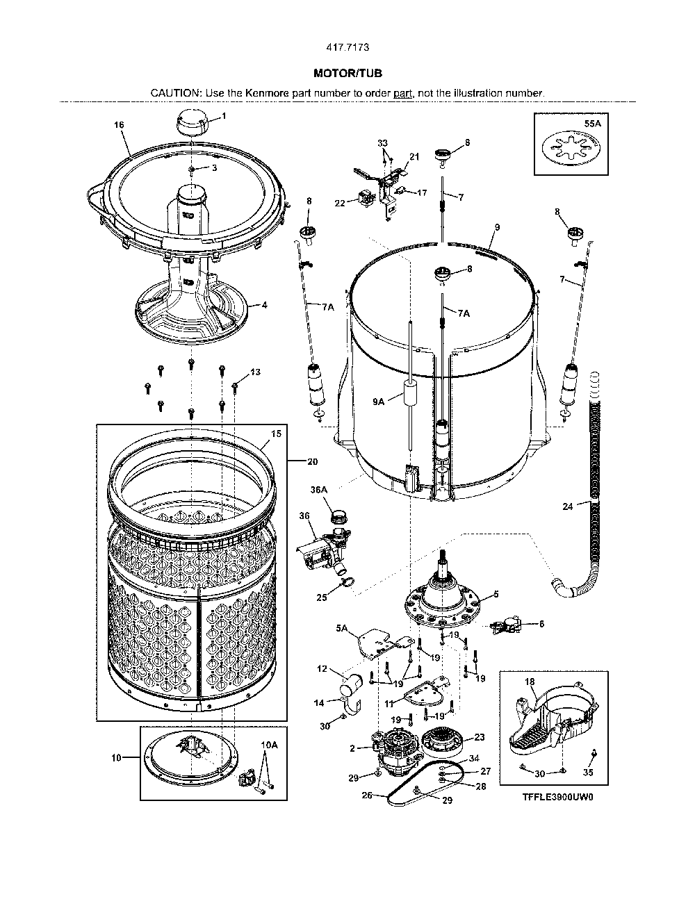 Motor/tub Diagram and Parts List for 41771733810  Kenmore Washer Dryer Combo