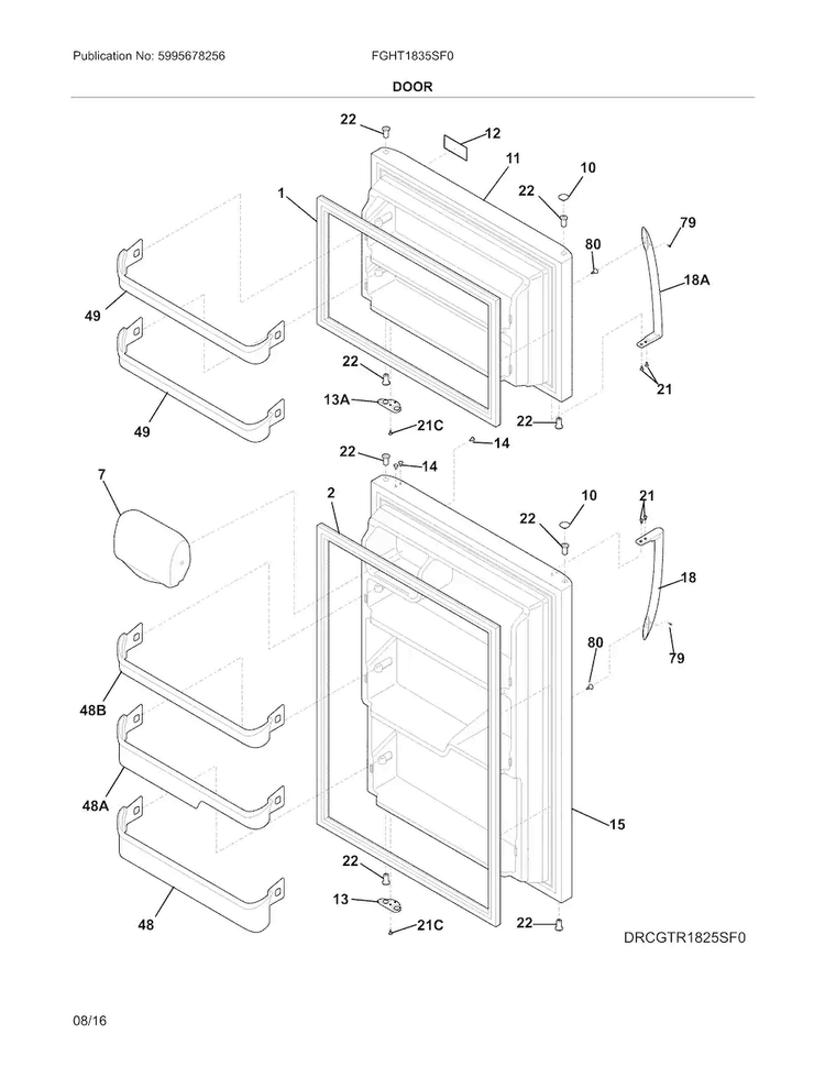 Doors Diagram and Parts List for FGHT1835SF0  Frigidaire Refrigerator