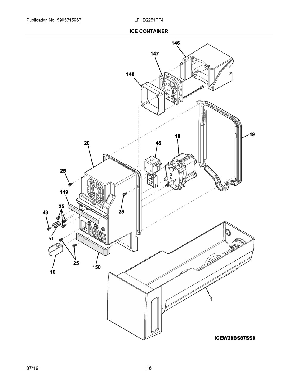 Ice Container Diagram and Parts List for LFHD2251TF4  Frigidaire Refrigerator