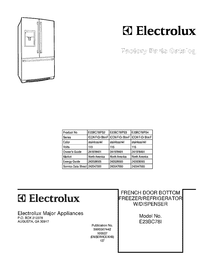 COVER Diagram and Parts List for E23BC78IPS2  Electrolux Refrigerator