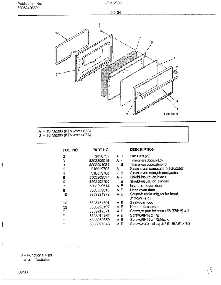 Door Diagram and Parts List for 2883-81A  Frigidaire Range