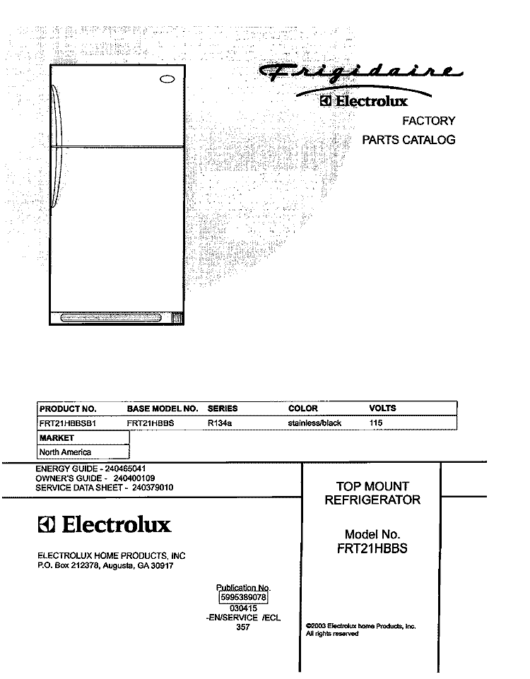 COVER Diagram and Parts List for FRT21HBBSB1  Frigidaire Refrigerator
