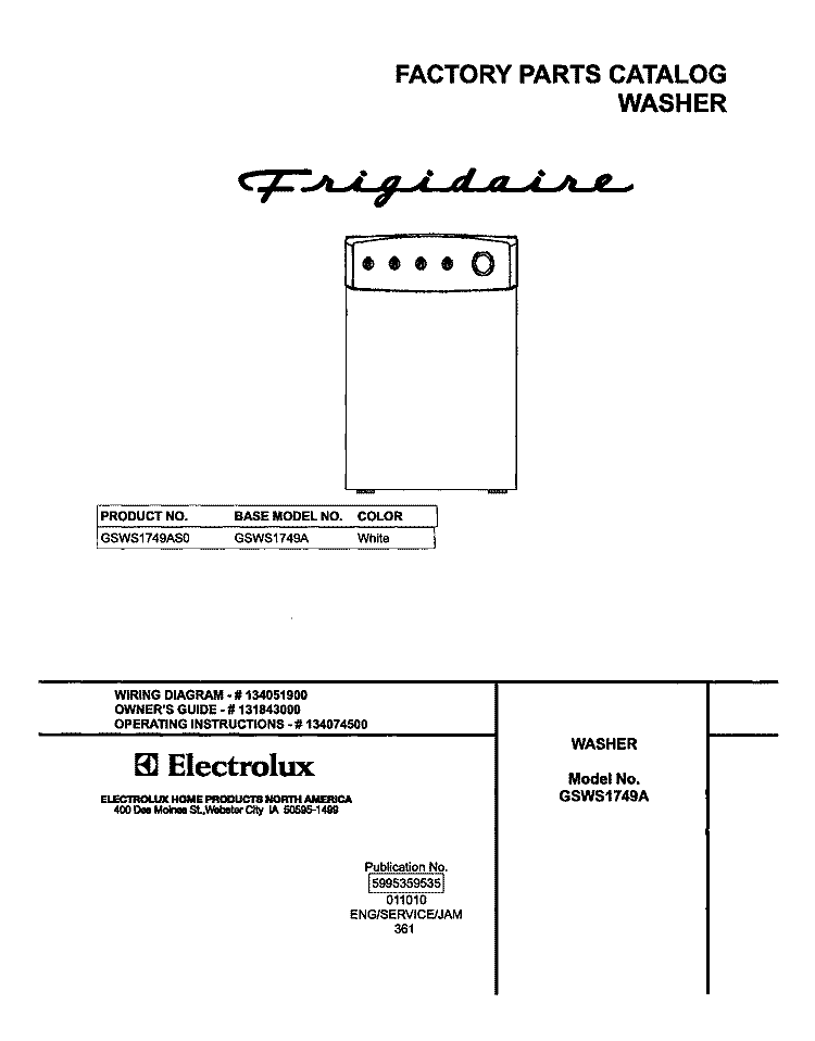 COVER Diagram and Parts List for GSWS1749AS0  Frigidaire Washer
