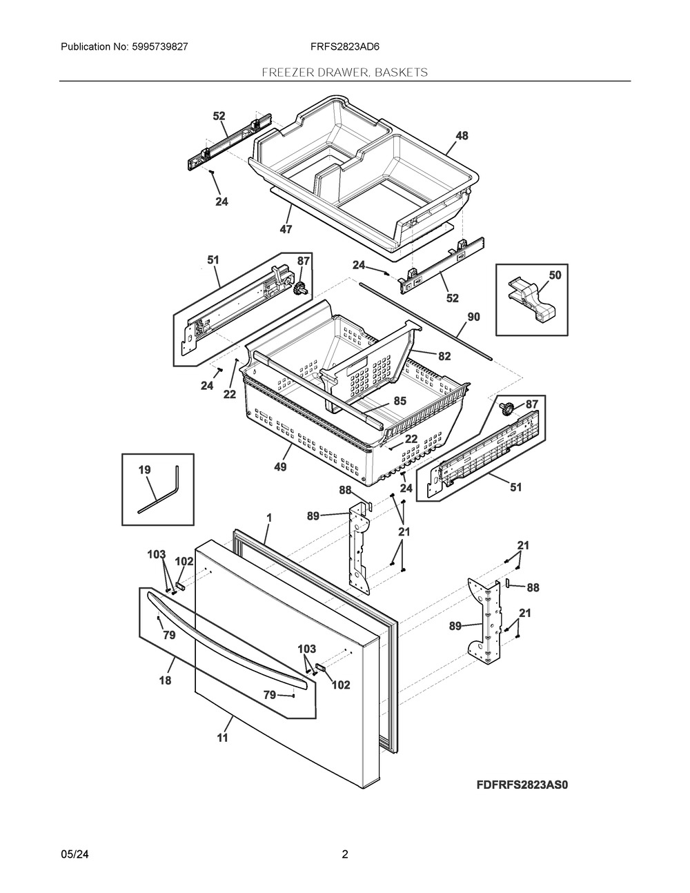 Freezer Drawer, Baskets Diagram and Parts List for FRFS2823AD6  Frigidaire Refrigerator