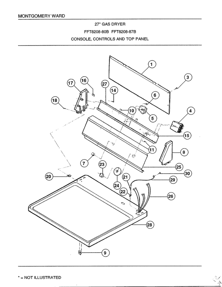 Console/controls And Top Panel Diagram and Parts List for 8208B  Frigidaire Dryer