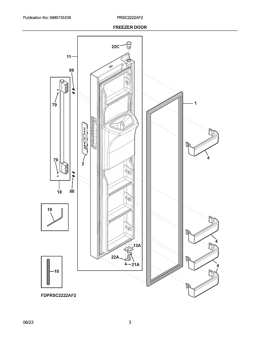 Freezer Door Diagram and Parts List for PRSC2222AF2  Frigidaire Refrigerator