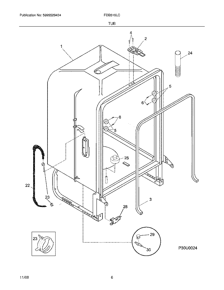 TUB Diagram and Parts List for FDB510LCS6  Frigidaire Dishwasher