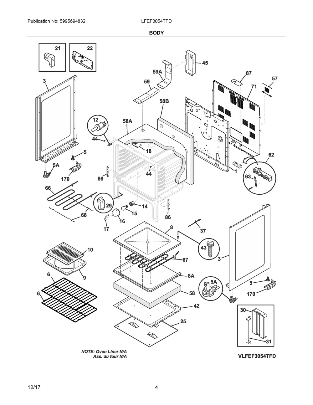 Body Diagram and Parts List for LFEF3054TFD  Frigidaire Range