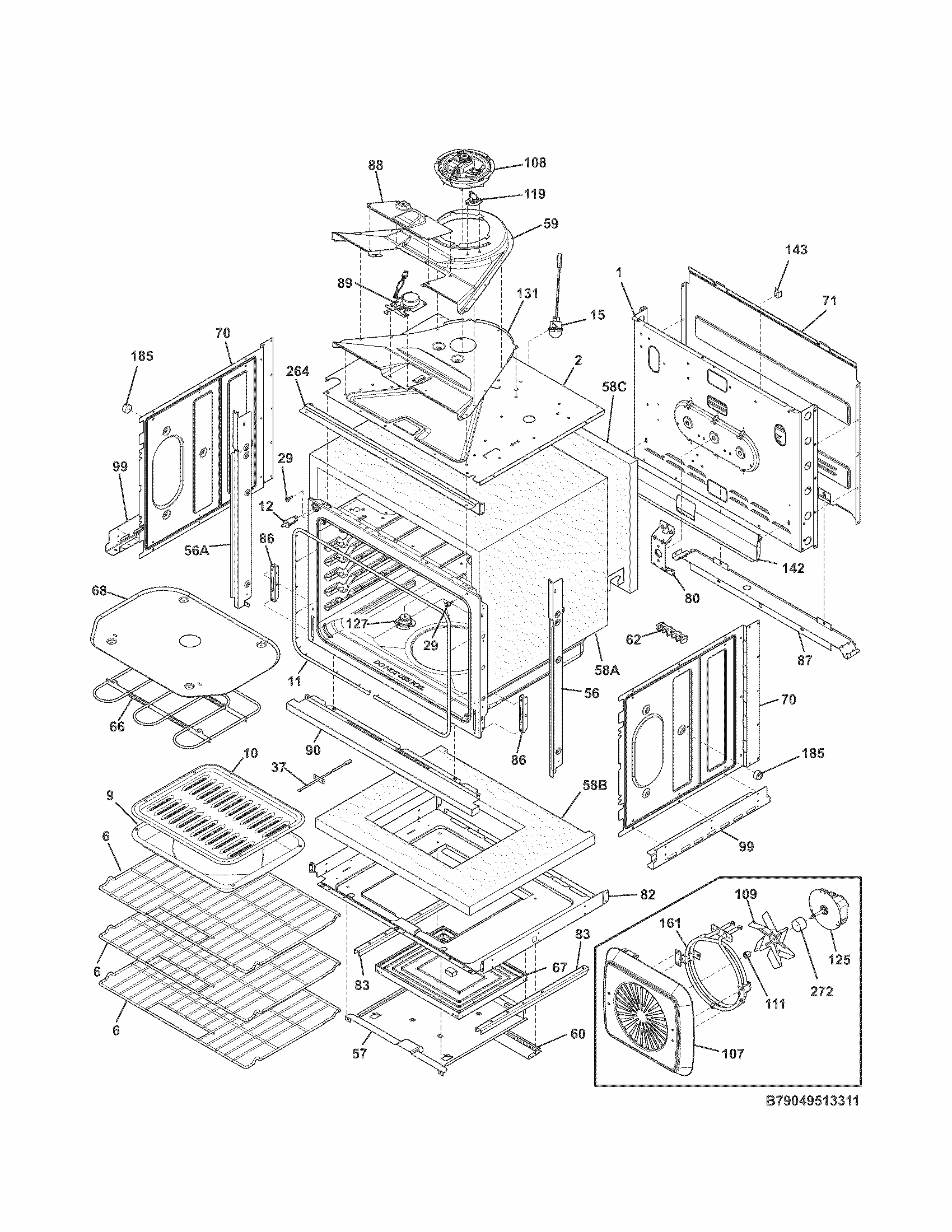 Body Diagram and Parts List for 79049512311  Kenmore Wall Oven