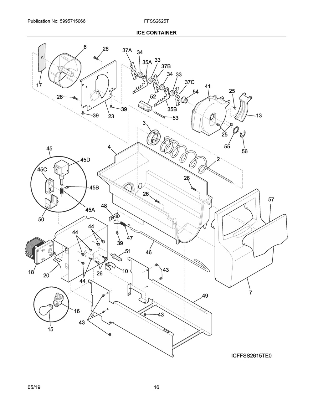 Ice Container Diagram and Parts List for FFSS2625TP1  Frigidaire Refrigerator