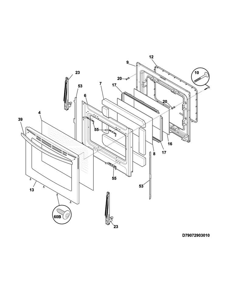 Door Diagram and Parts List for DGGF3045RFA  Frigidaire Range
