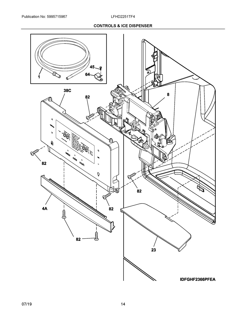Controls & Ice Dispenser Diagram and Parts List for LFHD2251TF4  Frigidaire Refrigerator