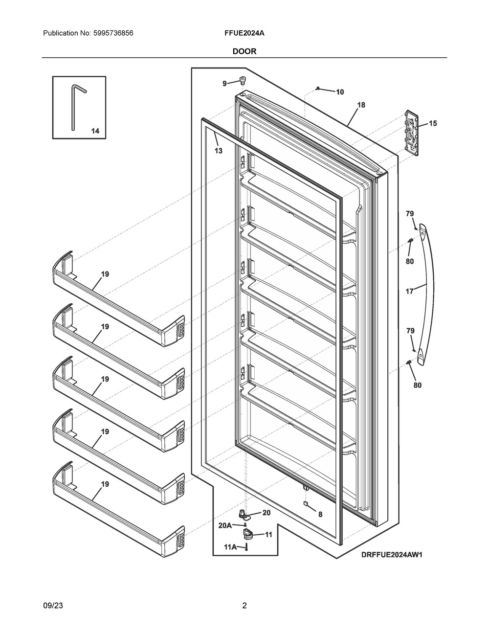 Door Diagram and Parts List for FFUE2024AN8  Frigidaire Freezer