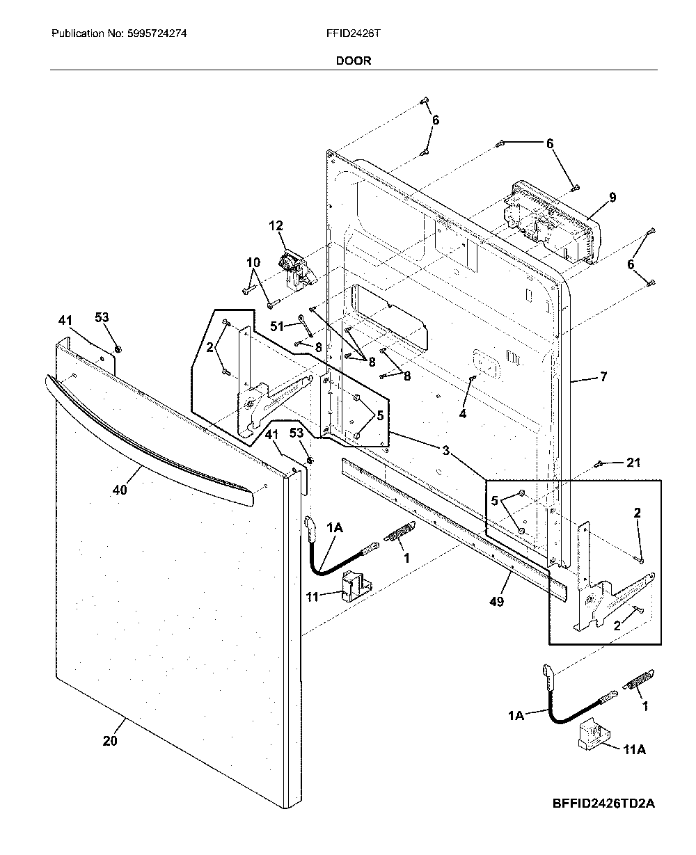 Door Diagram and Parts List for FFID2426TS5A  Frigidaire Dishwasher