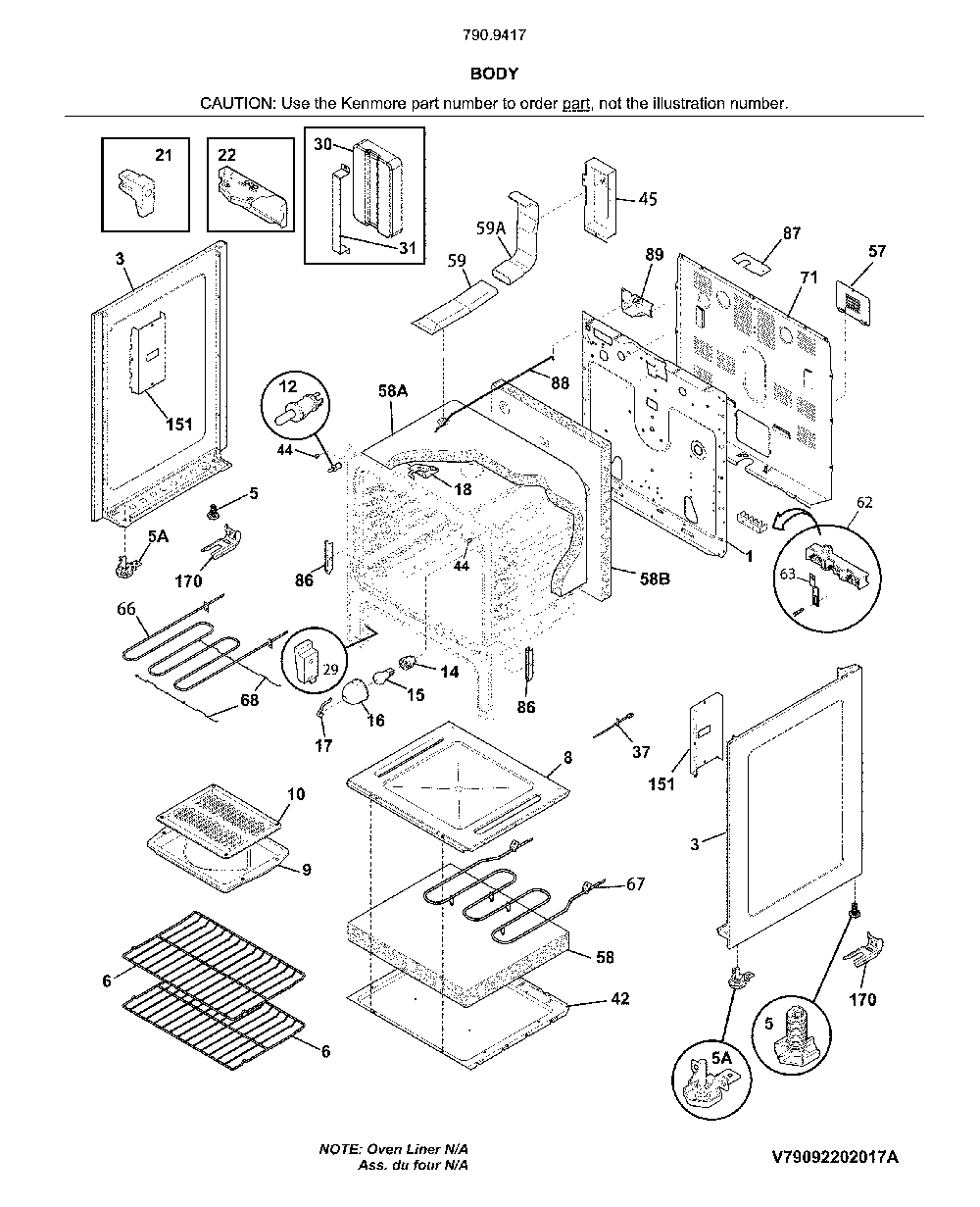 Body Diagram and Parts List for 79094179315  Kenmore Range