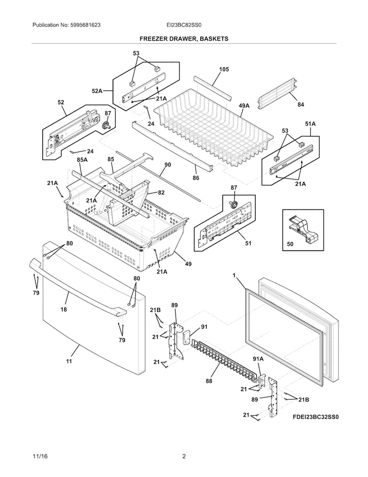Freezer Drawer, Baskets Diagram and Parts List for EI23BC82SS0  Electrolux Refrigerator