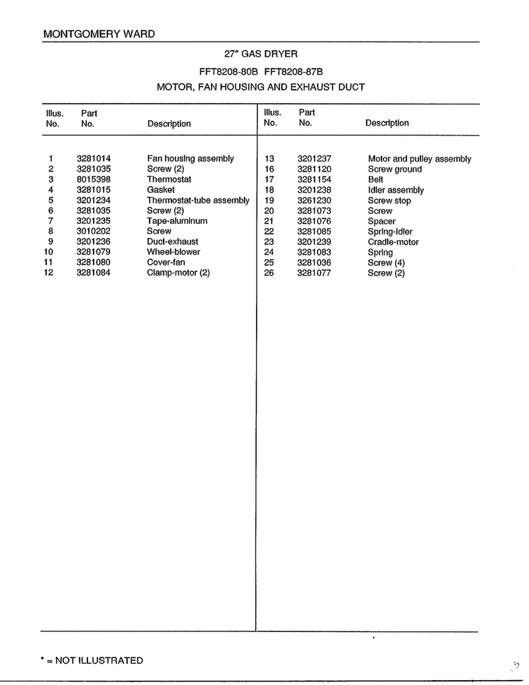 Motor/fan Housing And Exhaust Duct Page 2 Diagram and Parts List for 8208B  Frigidaire Dryer