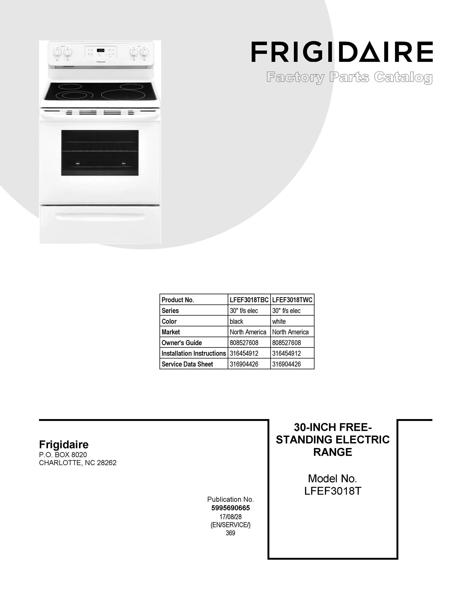 01 - COVER SHEET Diagram and Parts List for LFEF3018TWC  Frigidaire Range