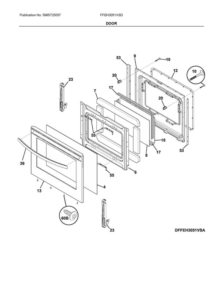 Door Diagram and Parts List for FFEH3051VSD  Frigidaire Range
