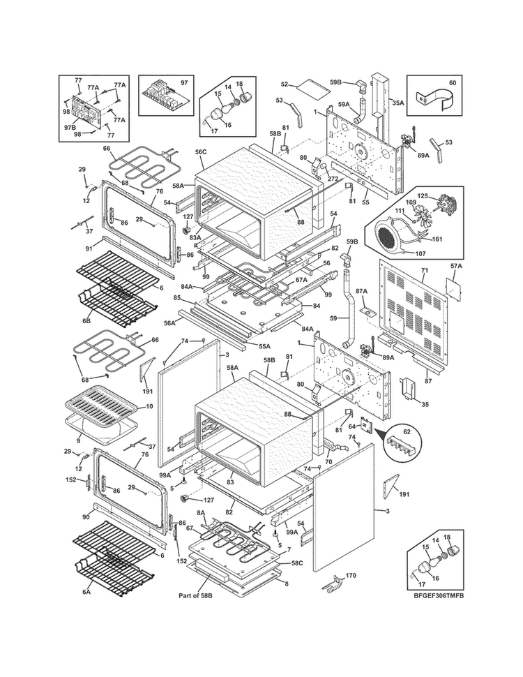 Body Diagram and Parts List for FGEF306TMFD  Frigidaire Range