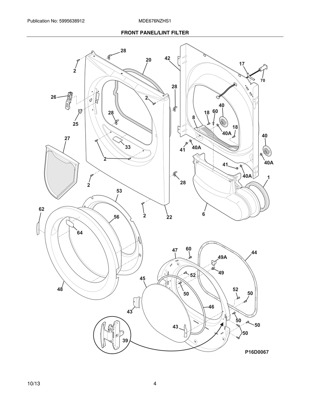 Front Panel/Lint Filter Diagram and Parts List for MDE676NZHS1  Frigidaire Dryer