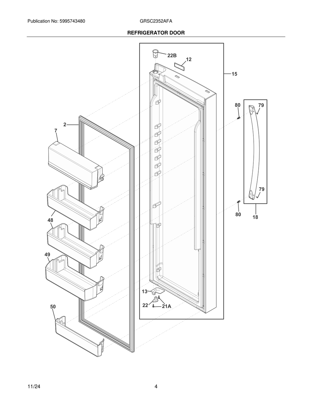 Refrigerator Door Diagram and Parts List for GRSC2352AFA  Frigidaire Refrigerator