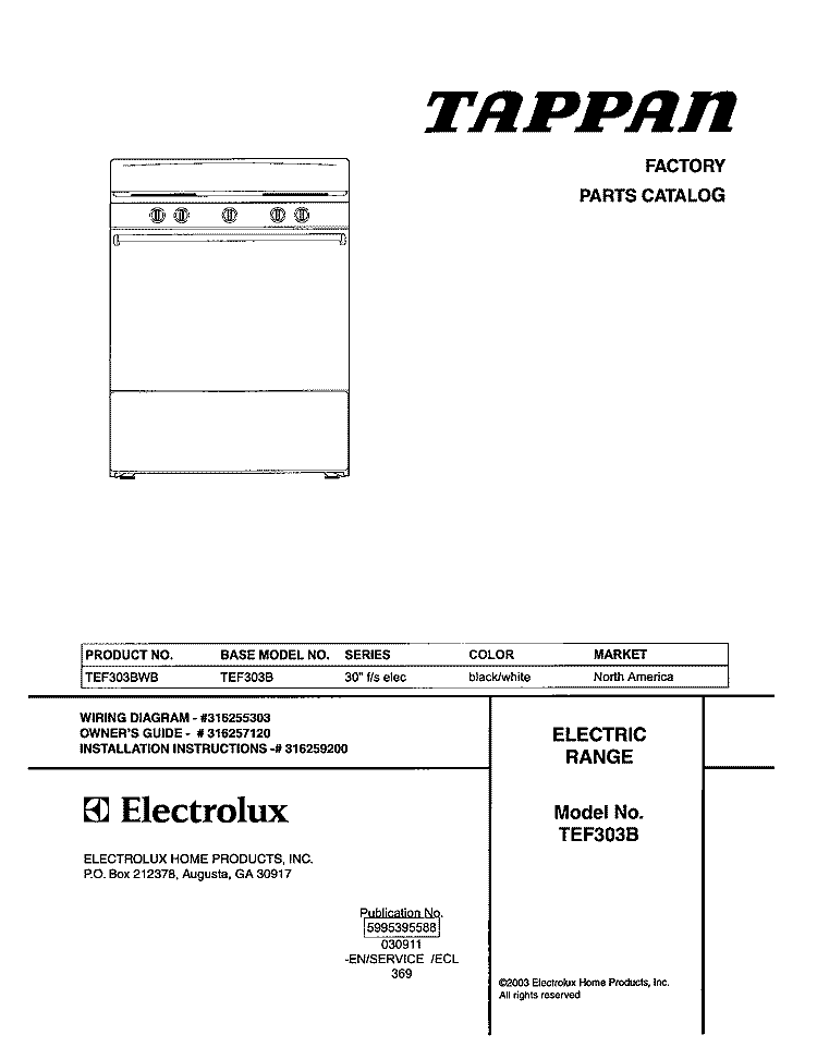 COVER Diagram and Parts List for TEF303BWB  Tappan Range