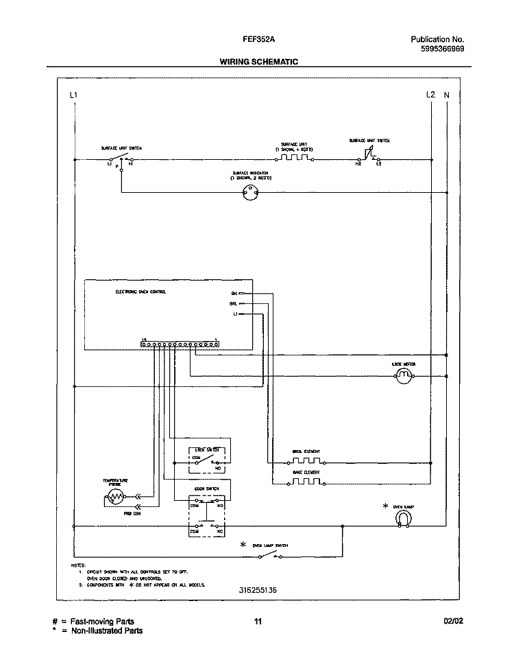 WIRING SCHEMATIC Diagram and Parts List for FEF352AUC  Frigidaire Range