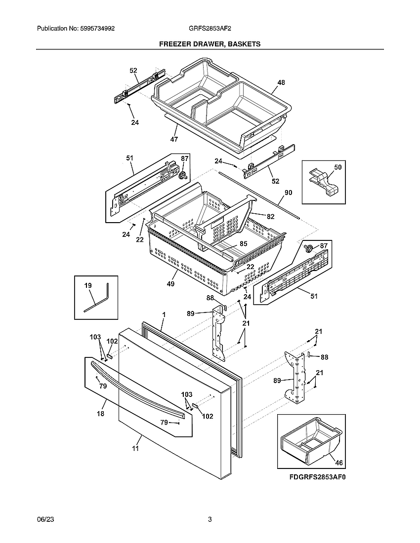 Freezer Drawer, Baskets Diagram and Parts List for GRFS2853AF2  Electrolux Refrigerator