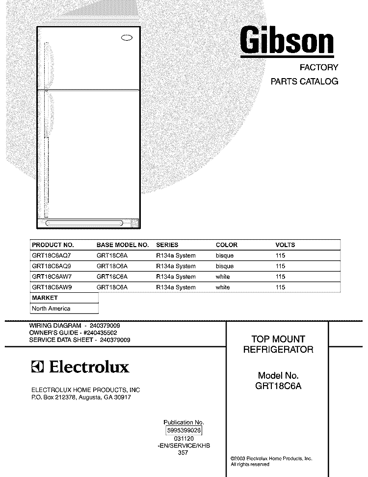 COVER Diagram and Parts List for GRT18C6AW9  Gibson Refrigerator