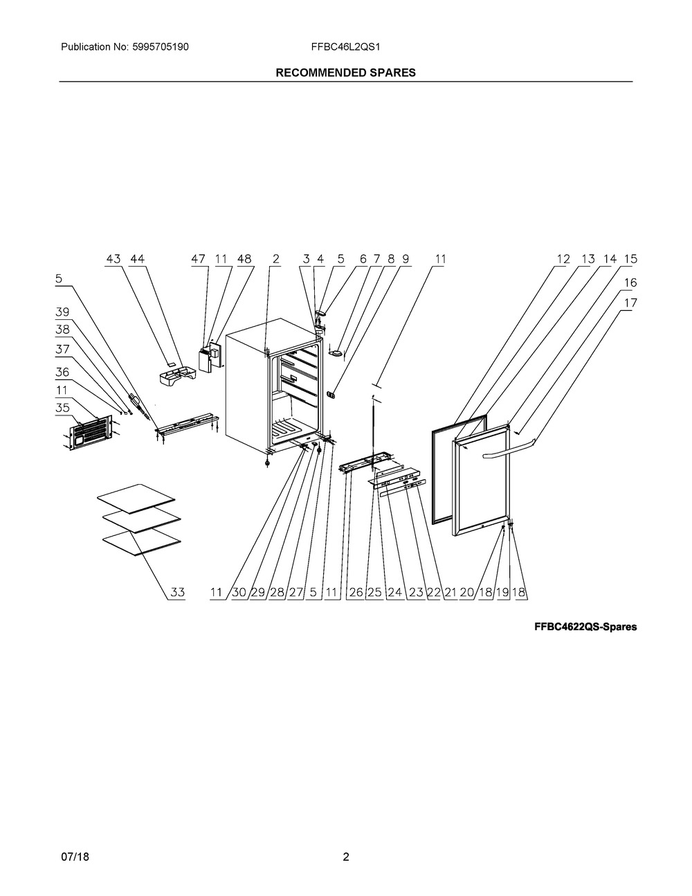 Recommended Spares Diagram and Parts List for FFBC46L2QS1  Frigidaire Wine and Beverage Cooler