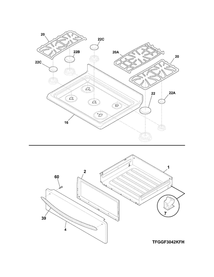 Top/drawer Diagram and Parts List for FGGF3032MFG  Frigidaire Range