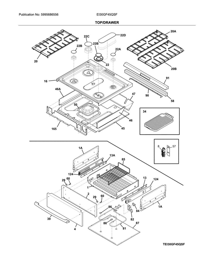 Top/drawer Diagram and Parts List for EI30GF45QSF  Electrolux Range