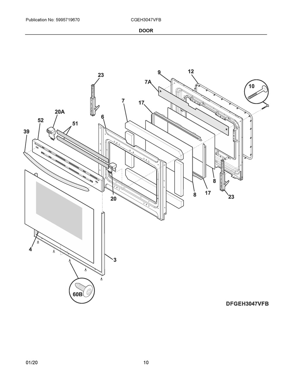 Door Diagram and Parts List for CGEH3047VFB  Frigidaire Range