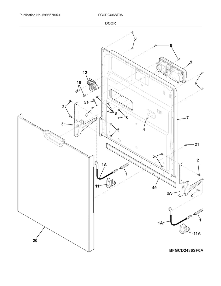 Door Diagram and Parts List for FGCD2436SF0A  Frigidaire Dishwasher